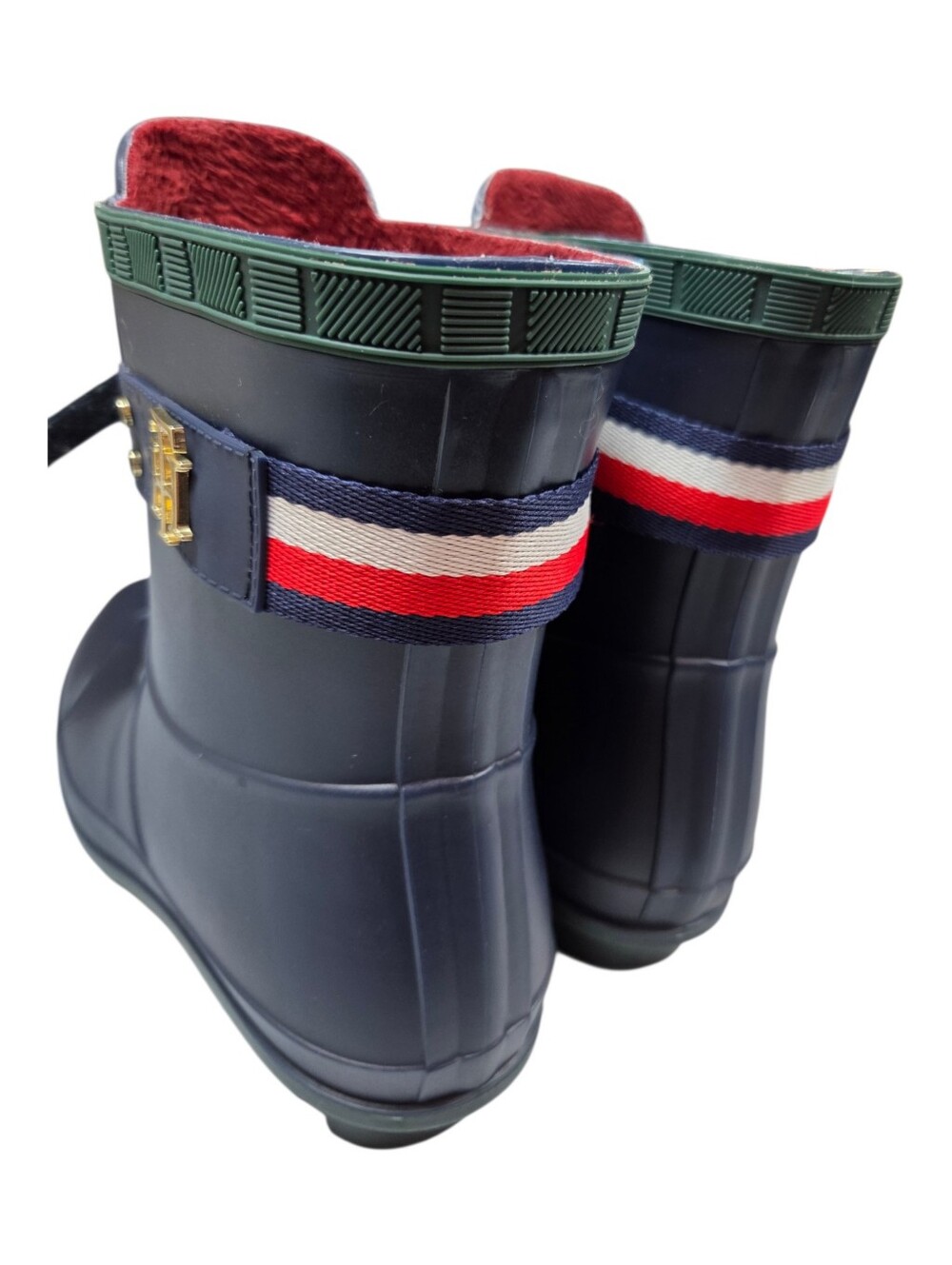 Tommy Hilfiger Navy Blue Rain Boots w/Red Faux Fur Lining Slip On Size 8 - Picture 3 of 11